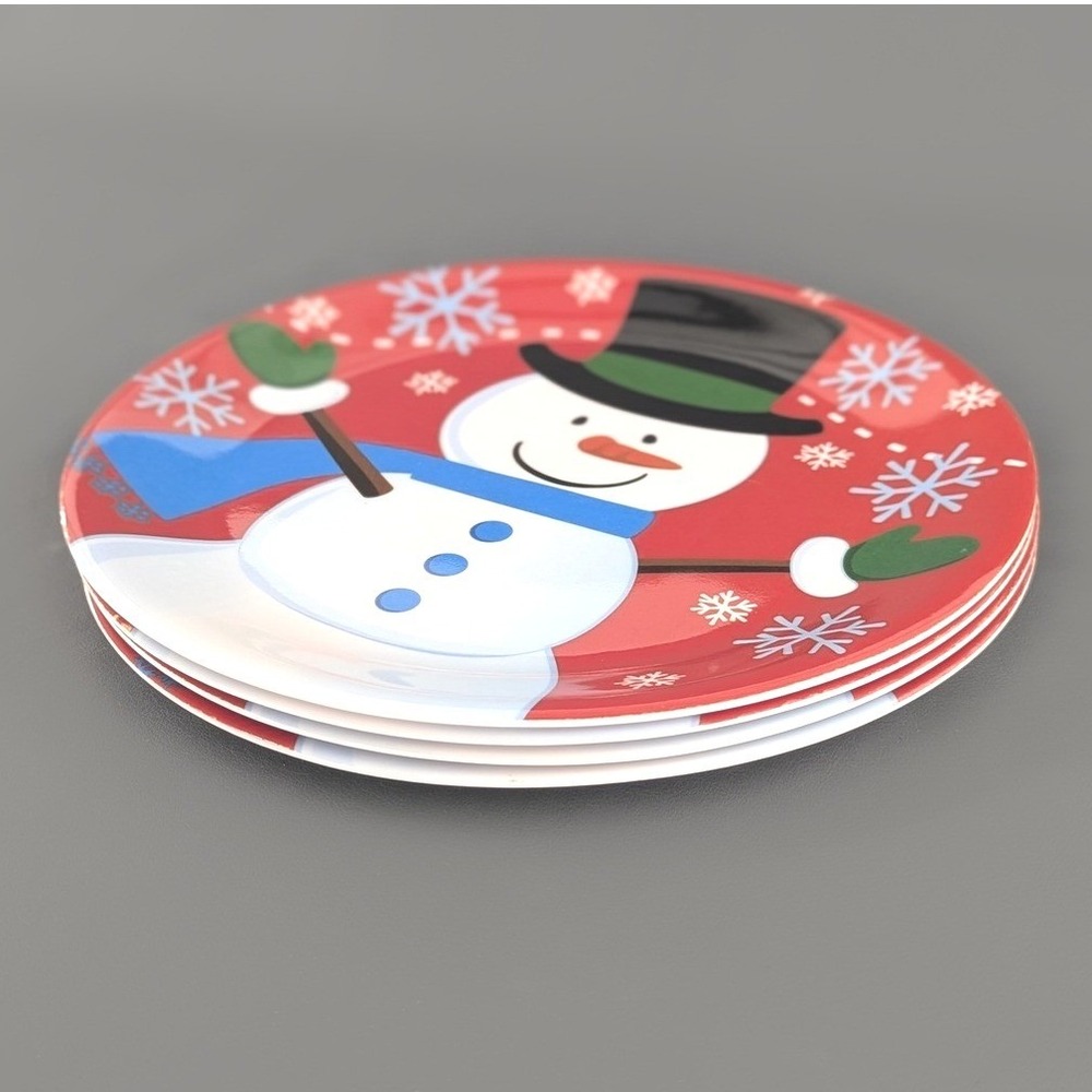 Melamine Snowman Christmas Dinner Plates Red Set of 4 Holiday Tableware 9 Inch